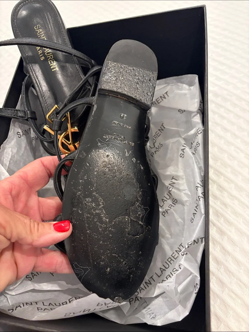 Saint Laurent Black Leather Strap Sandals with Gold YSL Logo - Picture 4 of 7